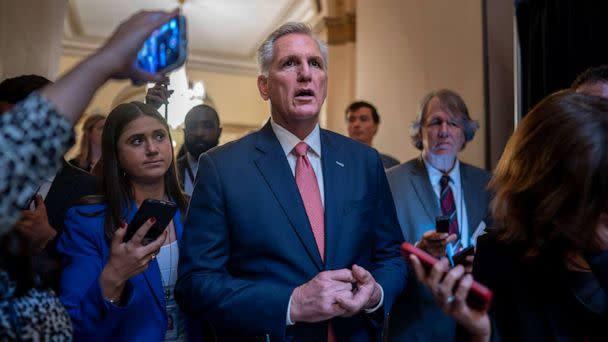 PHOTO: Speaker of the House Kevin McCarthy talks with reporters after votes in the House, at the Capitol in Washington, June 22, 2023. (J. Scott Applewhite/AP)