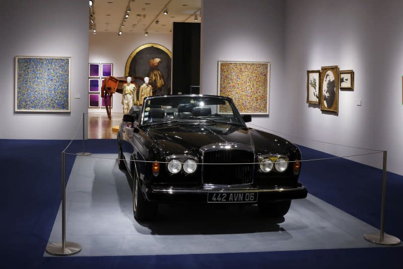 A 1990 Bentley Continental two door convertible is on display along with photographs, art, furniture, fashion and other collectables to be sold at auction as part of The Collection of Sir Elton John Goodbye Peachtree Road at Christie's in New York City on Tuesday. Photo by John Angelillo/UPI