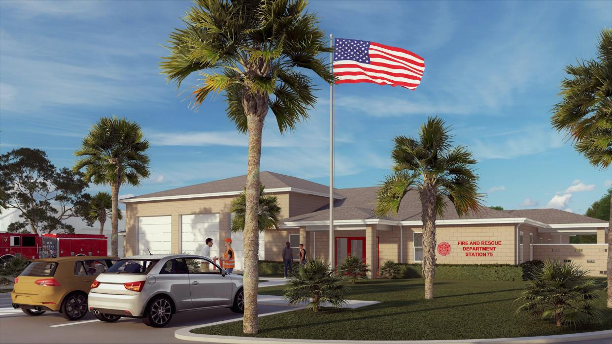 The design drawing for the new 9,000-square-foot Fire Station 75, under construction at 2630 Firestone Road.