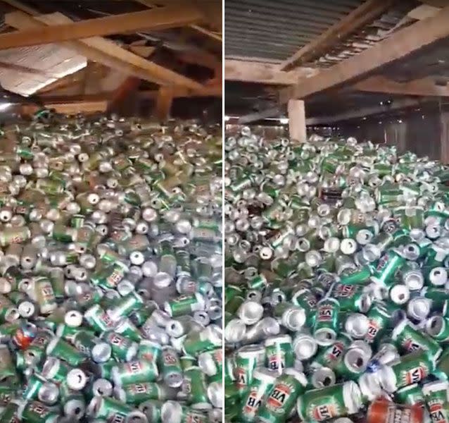 The shed is believed to contain around 30,000 VB cans. Source: YouTube/ Tammy Penhall