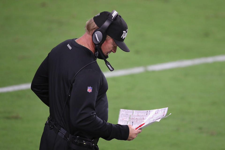 Raiders head coach Jon Gruden was seen multiple times in the game against the New Orleans Saints not wearing a mask. (Photo by Christian Petersen/Getty Images)