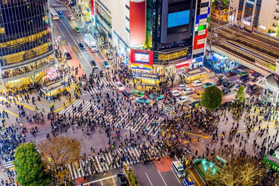 drone view of busy streets in Tokyo