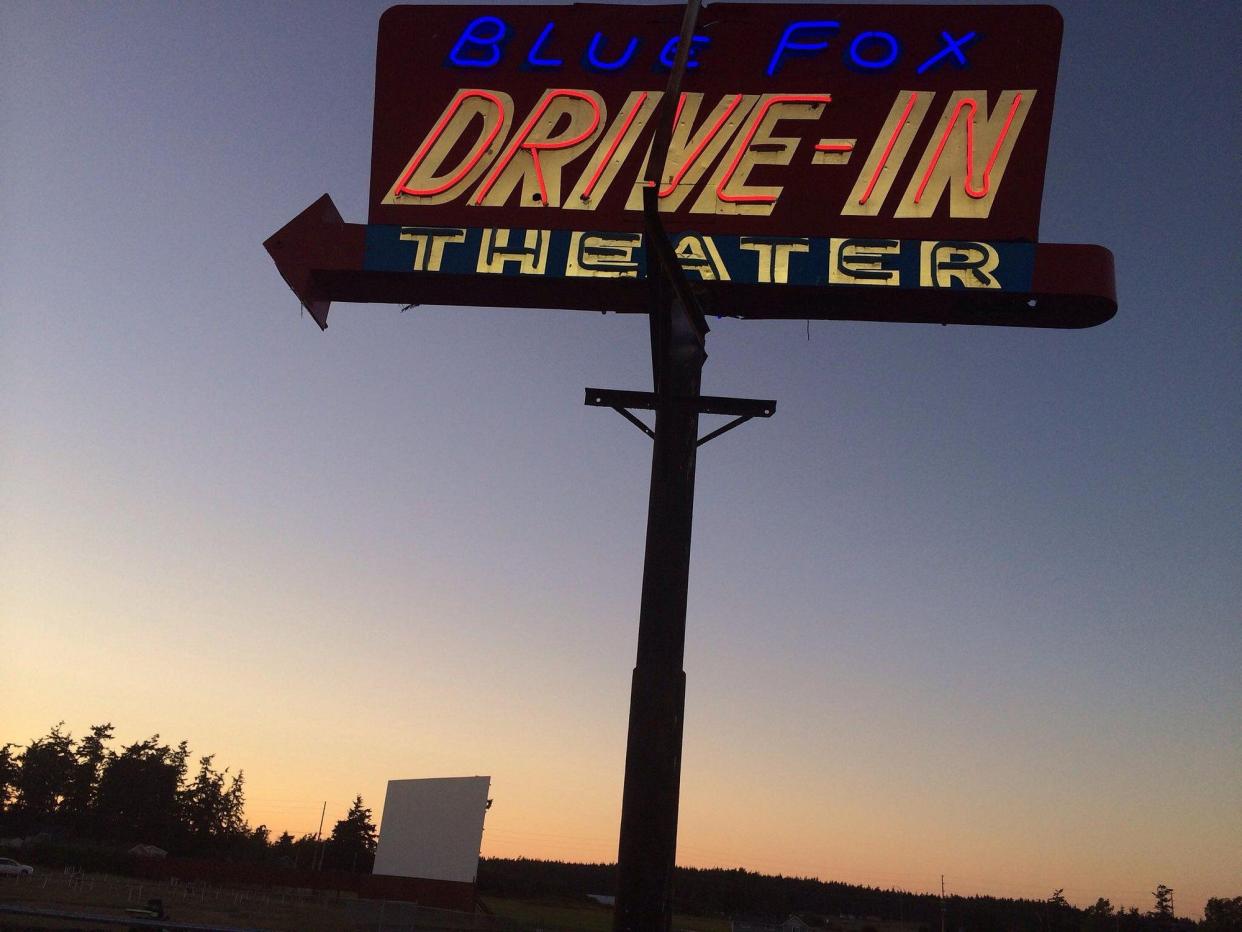 Sign of Blue Fox Drive-In Theater.