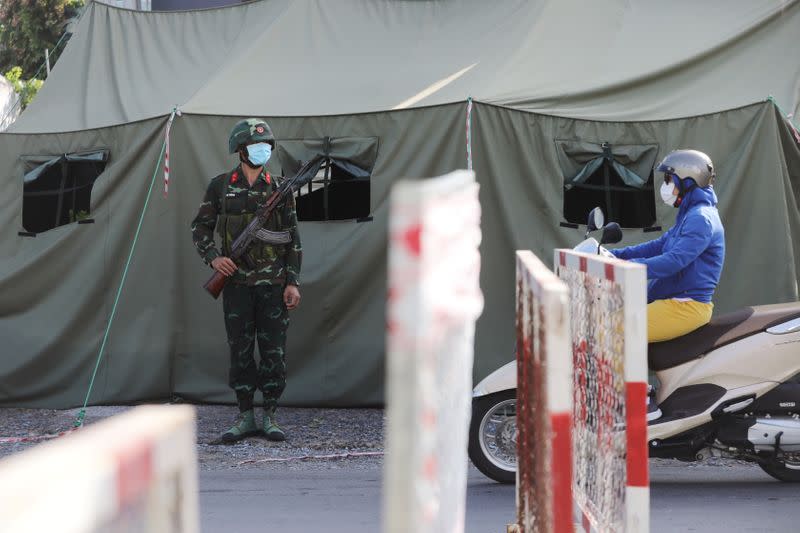 A military check point is seen during lockdown amid the coronavirus disease pandemic in Ho Chi Minh, Vietnam