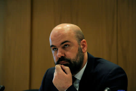 Athanasios Thanopoulos, president of Hellenic Statistical Authority (ELSTAT), announces fiscal data during a news conference at the ELSTAT headquarters in Athens, Greece April 21, 2017. REUTERS/Michalis Karagiannis