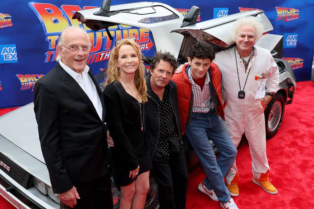 <p>Dia Dipasupil/Getty Images</p> Christopher Lloyd, Lea Thompson, Michael J. Fox, Casey Likes, and Roger Bart at 'Back to the Future: The Musical'