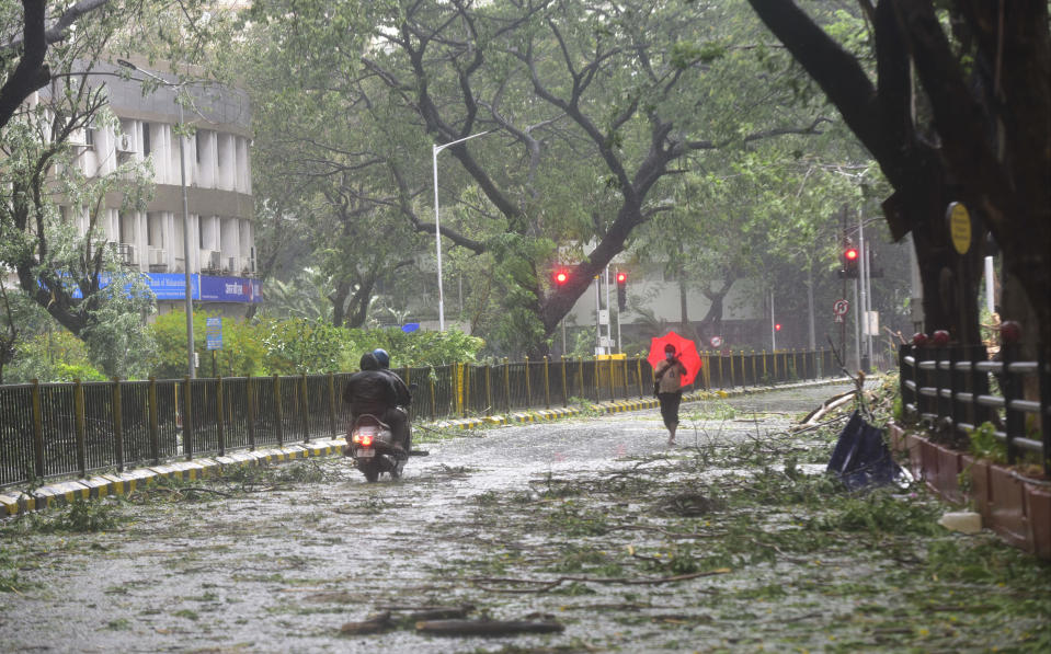 MUMBAI, INDIA - JUNE 3: Branches and leaves fallen due to to gusty winds, after Nisarg Cyclone hits coastal line at Vidhan Bhavan on June 3, 2020 in Mumbai, India. Alibaug witnessed wind speeds of up to 120 kilometres per hour. Although the cyclone made the landfall just 95 kilometres from Mumbai, the Maharashtra capital largely escaped its wrath. (Photo by Anshuman Poyrekar/Hindustan Times via Getty Images)