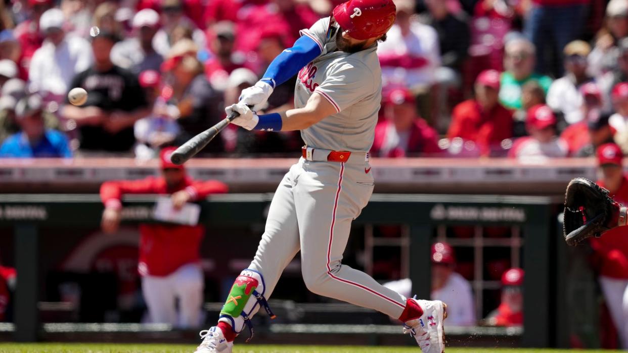 <div>CINCINNATI, OHIO - APRIL 25: Bryce Harper #3 of the Philadelphia Phillies hits a home run in the third inning against the Cincinnati Reds at Great American Ball Park on April 25, 2024 in Cincinnati, Ohio. (Photo by Dylan Buell/Getty Images)</div>