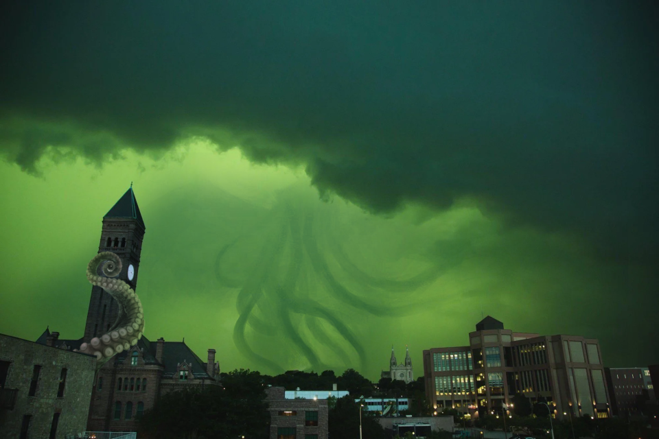 Cthulhu descends on downtown Sioux Falls in a photoshopped image posted by Reddit user SligPants. The original image was taken by Jaden Miller of Sioux Falls. The photo has become a meme.