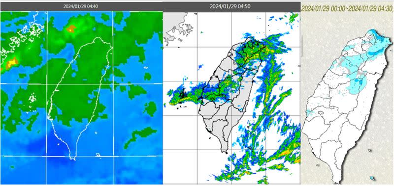 今晨4：40紅外線色調強化雲圖顯示，台灣上空有鬆散雲層（左圖）。4：50雷達回波合成圖顯示，伴隨弱降水回波（中圖）。4：30累積雨量圖顯示，嘉義以北零星降雨（右圖）。