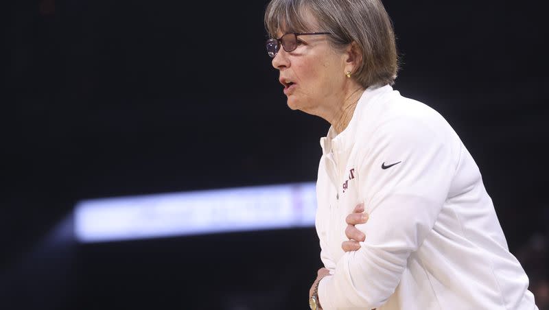 Stanford coach Tara VanDerveer talks to her team during game against UCLA in the semifinals of the Pac-12 women’s tournament Friday, March 3, 2023, in Las Vegas. The Pac-12 legend is still in a state of denial heading into the Pac-12’s final year of existence. 