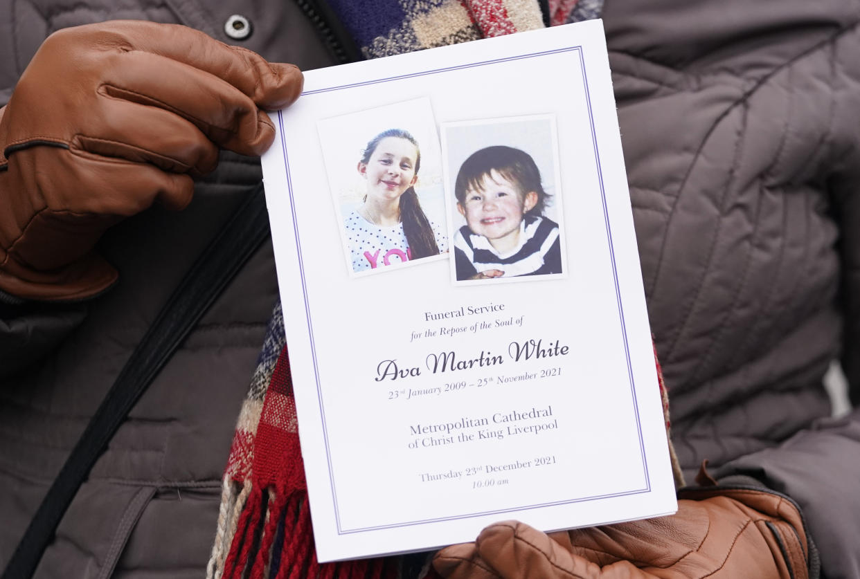 A person holds the order of service at Liverpool Metropolitan Cathedral ahead of the funeral of Ava White, 12, who was fatally stabbed in Liverpool city centre on November 25. Picture date: Thursday December 23, 2021.