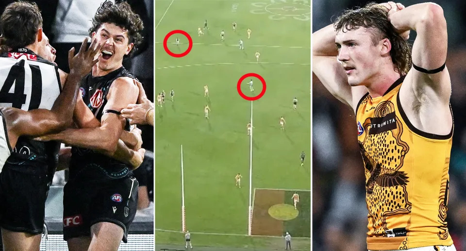 Port Adelaide and Hawthorn players during their AFL clash.