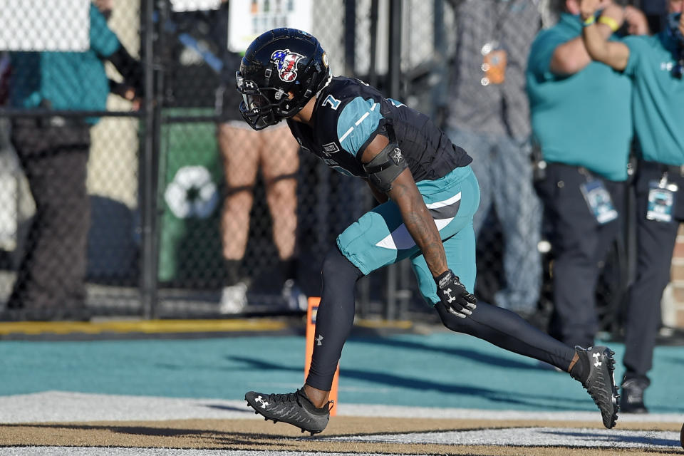 Coastal Carolina's D'Jordan Strong runs an interception back for a touchdown during the second half of an NCAA college football game against Appalachian State, Saturday, Nov. 21, 2020, in Conway, S.C. Coastal Carolina won 34-23. (AP Photo/Richard Shiro)