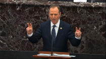 In this image from video, House impeachment manager Rep. Adam Schiff, D-Calif., speaks during the impeachment trial against President Donald Trump in the Senate at the U.S. Capitol in Washington, Wednesday, Jan. 22, 2020. (Senate Television via AP)