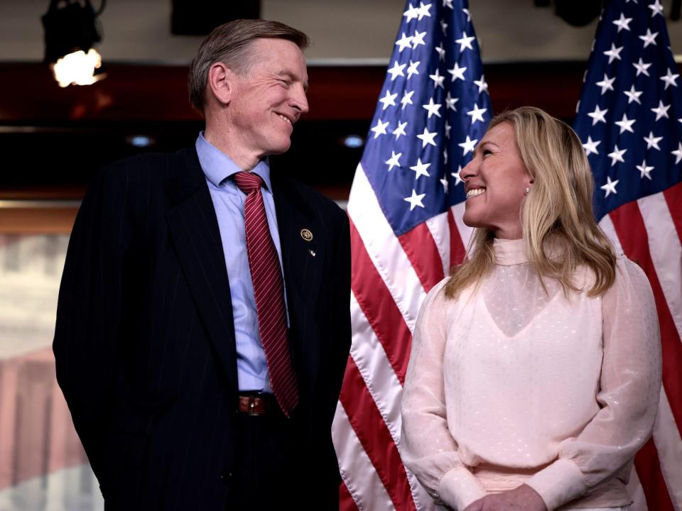 Republican Reps. Marjorie Taylor Greene of Georgia and Paul Gosar of Arizona at a press conference at the Capitol on  December 7, 2021.