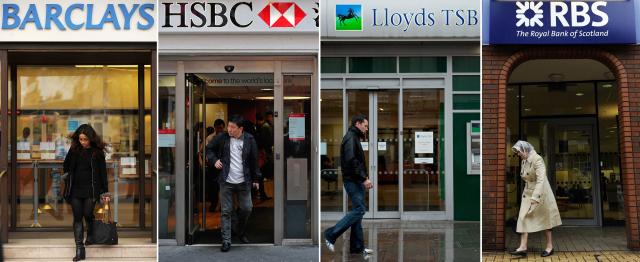 (FILES) A combination of file pictures shows the high street branches of four British banks; Barclays, HSBC, Lloyds Banking Group and Royal Bank of Scotland. Britain's banks should implement major reforms aimed at avoiding further state bailouts of lenders by 2019, a government-appointed commission recommended in a final report on Monday September 12, 2011. The Independent Commission on Banking confirmed its initial proposals published in April that called for a &quot;ring-fencing&quot; of lenders' retail businesses, thus avoiding banks being sunk by investment division losses. AFP PHOTO/STAFF (Photo credit should read STAFF/AFP via Getty Images)
