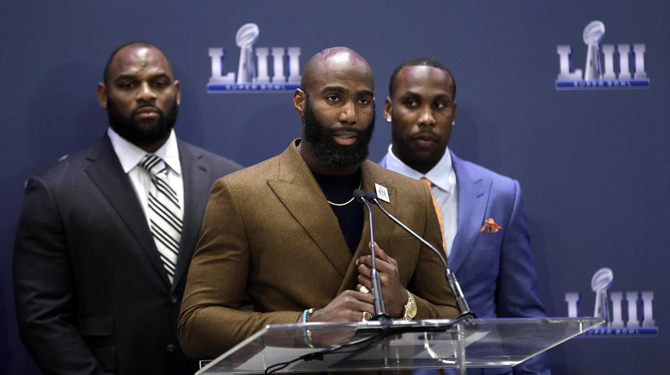 Philadelphia Eagles' Malcolm Jenkins, co-founder of the Players Coalition, speaks during a Players Coalition Charitable Foundation news conference for the NFL Super Bowl 53 football game Wednesday, Jan. 30, 2019, in Atlanta. (AP Photo/David J. Phillip)