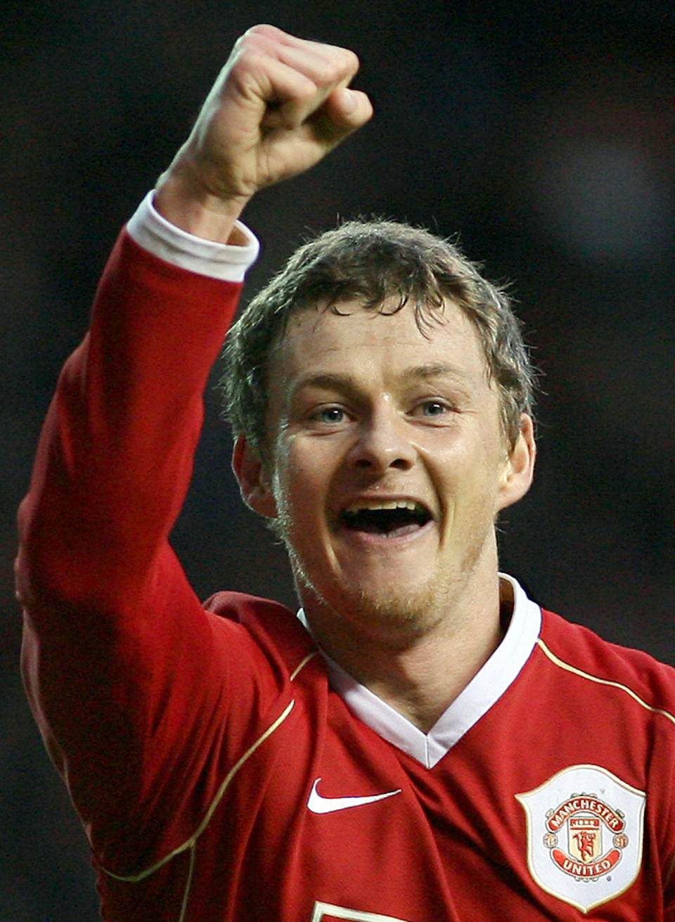 FILE - In this Sunday Jan. 7, 2007 file photo Manchester United's Ole Gunnar Solskjaer celebrates after scoring the winning goal during his team's FA Cup soccer match against Aston Villa at Old Trafford Stadium, Manchester, England. Manchester United announced Wednesday Dec. 19, 2018, they have hired Ole Gunnar Solskjaer as its manager until the end of the season, bringing the Norwegian back to the club 20 seasons after he scored its winning goal in the Champions League final. (AP Photo/Jon Super, File)
