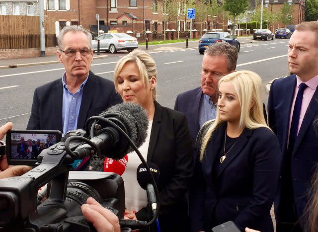 Michelle O'Neill, second left, speaks after Sinn Fein rejected the DUP bid (Siobhan Fenton/PA)