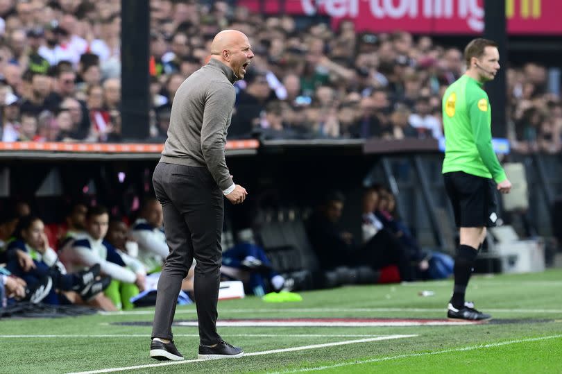 Feyenoord coach Arne Slot during the Dutch Eredivisie match between Feyenoord and Ajax at Feyenoord Stadium de Kuip on April 7, 2024 in Rotterdam, Netherlands.