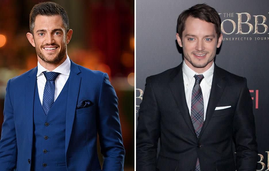 Bachelorette contestant Mackane (L) and actor Elijah Wood (R). Source: Channel Ten and Getty