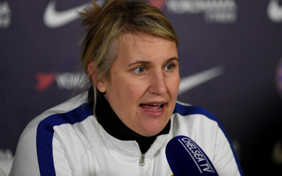 Emma Hayes, Manager of Chelsea speaks to media during a Chelsea FC Women's Press Conference at Chelsea Training Ground on February 26, 2020 in Cobham, England - Chelsea FC