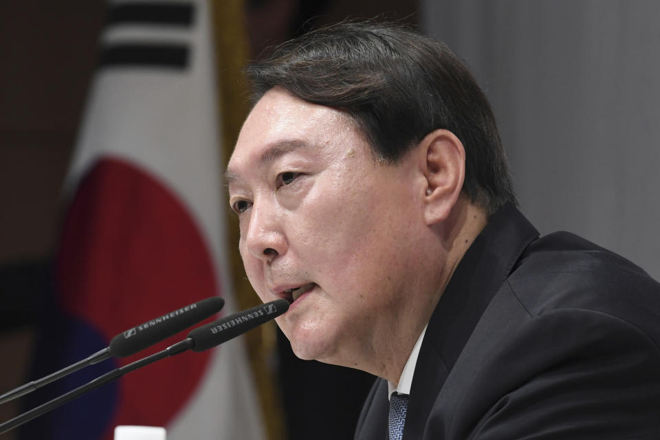 Yoon Suk Yeol speaks to declare his bid for presidency at a memorial dedicated to the noble sacrifice of independence fighter Yun Bong-gil Tuesday, June 29, 2021 in Seoul, South Korea. Yoon, a former prosecutor-general who tops surveys on the preferred future South Korean leader, formally launched his bid to run for next year’s presidential election, vowing Tuesday to unseat the current liberal government that he had worked for. (Kim Min-Hee/Pool Photo via AP)