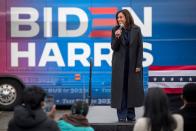<p>Harris kept the cold at bay in an deep grey overcoat while out on the campaign trail in Michigan.</p>
