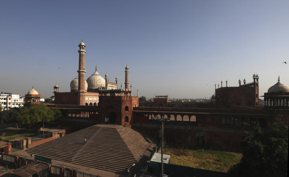 The Jama Mosque is seen during Eid al-Fitr at the old quarters of New Delhi, India, Monday, May 25, 2020. The holiday of Eid al-Fitr, the end of the fasting month of Ramadan, a usually joyous three-day celebration has been significantly toned down as coronavirus cases soar. (AP Photo/Manish Swarup)