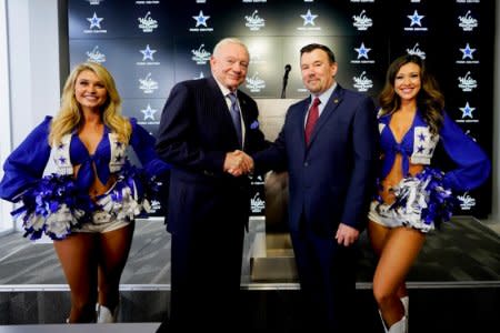 Sept 6, 2018; Frisco, TX, USA; WinStar World Casino general manager Jack Parkinson (right) and Dallas Cowboys owner Jerry Jones (left) announced the WinStar World Casino as the Official Casino of the Dallas Cowboys. Mandatory Credit: Jeremiah Jhass/Handout Photo via USA TODAY NETWORK