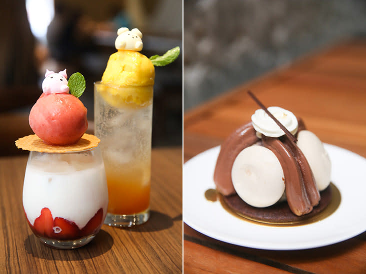 Whimsical meringue characters greet you when you order drinks like the Real Strawberry Milk Float and the refreshing Iced Passion Peach Sparkling (left). Who can resist chocolate and coffee flavours as presented in this Chocolate Rose with coffee meringue and chocolate biscuit (right).
