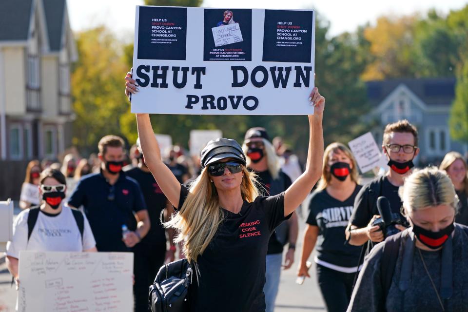 Paris Hilton leads a protest in 2020 in Provo, Utah. Hilton in her late teens was sent to Provo Canyon School where, she says, she was abused mentally and physically.