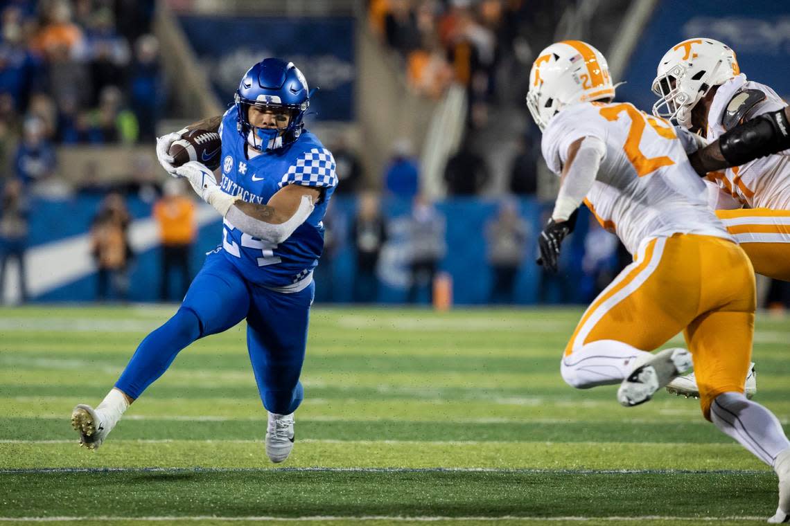 With 3,135 career rushing yards, Kentucky star running back Christopher Rodriguez (24) needs to rush for 739 yards in UK’s remaining games to pass Benny Snell (3,873) as the Wildcats’ all-time rushing leader.