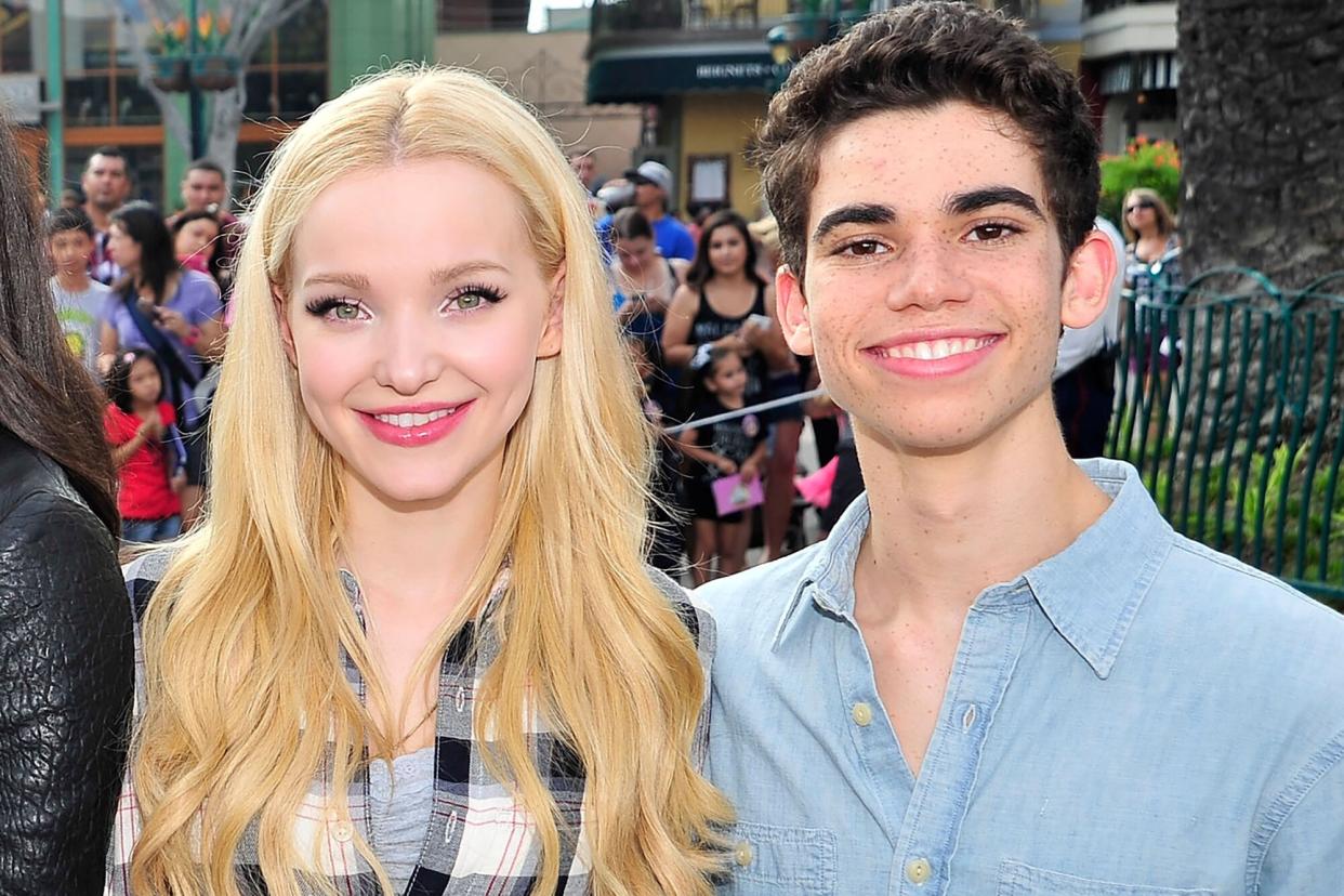 ANAHEIM, CA - OCTOBER 17: (L-R) Booboo Stewart, Sofia Carson, Dove Cameron and Cameron Boyce of Disney's 'Descendants' perform and join fans at Downtown Disney at Disneyland Resort on October 17, 2015 in Anaheim, California. (Photo by Jerod Harris/Getty Images)