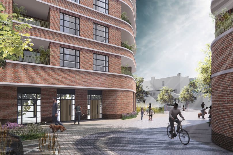 A CGI of the development planned for the site on Mortgramit Square in Woolwich, Greenwich, London, UK