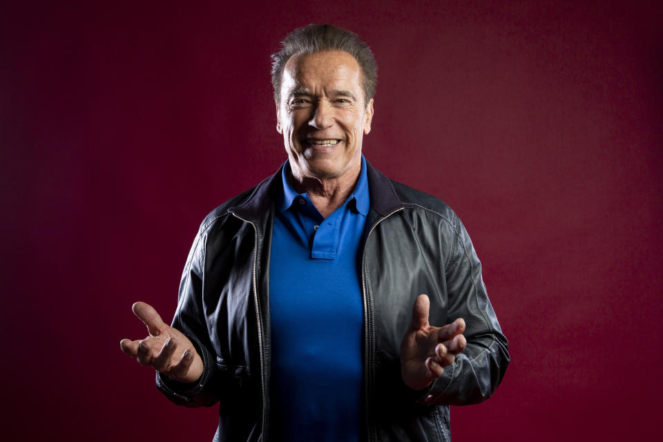 This Oct. 26, 2019 photo shows actor Arnold Schwarzenegger posing for a portrait to promote the film, "Terminator: Dark Fate" at the Four Seasons Hotel Los Angeles at Beverly Hills in Los Angeles. (Photo by Willy Sanjuan/Invision/AP)