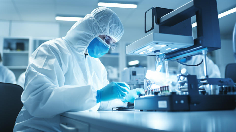 A laboratory technician carefully adjusting a piece of equipment involved in the development of a new product candidate.