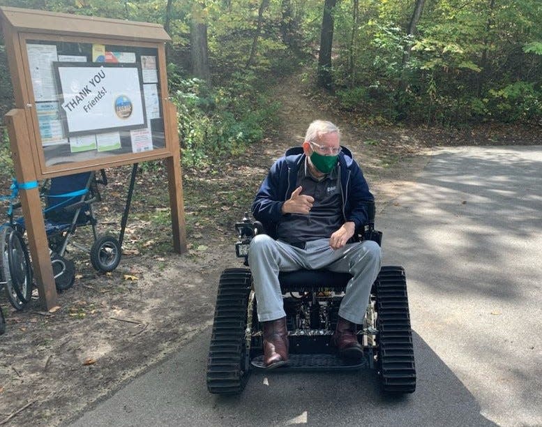 A motorized trail chair like this one, seen at Indiana Dunes State Park in 2020, was placed at Potato Creek State Park in North Liberty in December 2023.