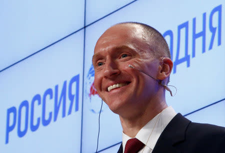 FILE PHOTO: One-time advisor of U.S. president-elect Donald Trump Carter Page addresses the audience during a presentation in Moscow, Russia, December 12, 2016. REUTERS/Sergei Karpukhin/File Photo