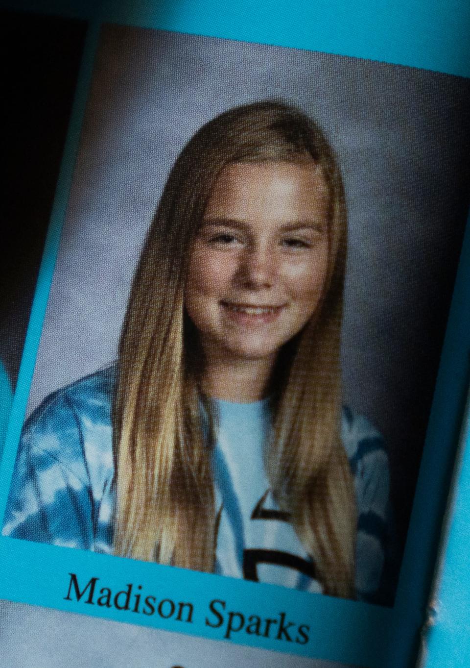 Madison Sparks' seventh grade yearbook photo. Sparks is suing her former eighth grade teacher and coach Benjamin Rutan, South-Western City School District, current and former district administrators and the school board for negligence for allowing Rutan to groom and sexually assault her for years while she was a student.