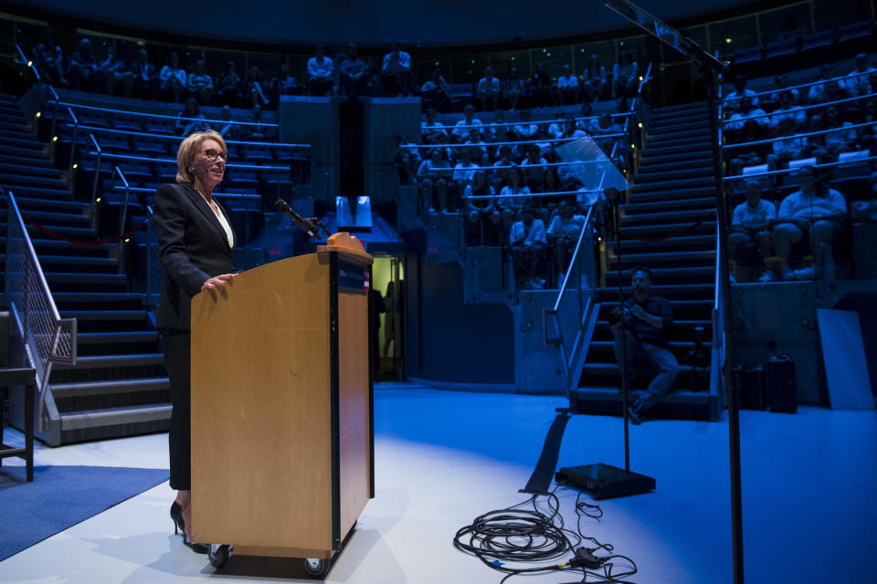 Education Secretary Betsy DeVos speaks during a student town hall at National Constitution Center in Philadelphia, Monday, Sept. 17, 2018. (AP Photo/Matt Rourke)