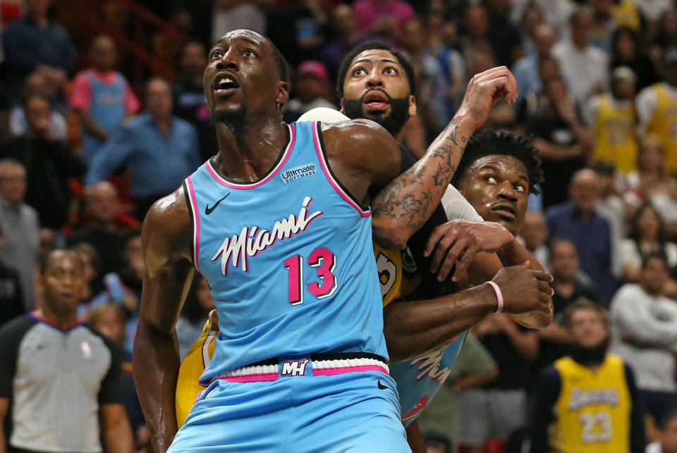 It might require Bam Adebayo and Jimmy Butler to make an Anthony Davis sandwich. (David Santiago/Miami Herald/Tribune News Service via Getty Images)