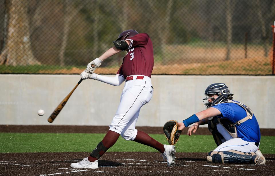 Logan-Rogersville's Curry Sutherland swings at the ball as the Wildcats take on the Marshfield Blue Jays on Thursday, April 13, 2023.