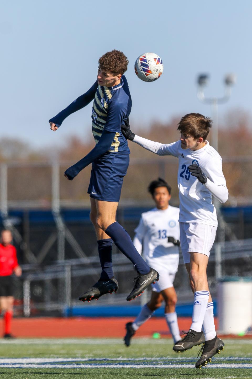 Salesianum’s Jake Ross heads the ball as Charter of Wilmington’s Callum Jones defends during the Sals’ 4-1 win in the DIAA Division I Boys Soccer championship game Saturday at Dover High. Ross has been voted Delaware's Player of the Year by the state's coaches.