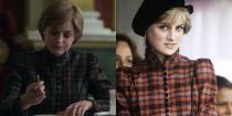 <p>In season 4, we see Princess Diana in a button-down high neck tartan dress, while attending princess lessons with her grandmother. The ensemble wasn't far off from what Diana wore in real life shortly after her wedding at the Braemar Games in Scotland. </p>