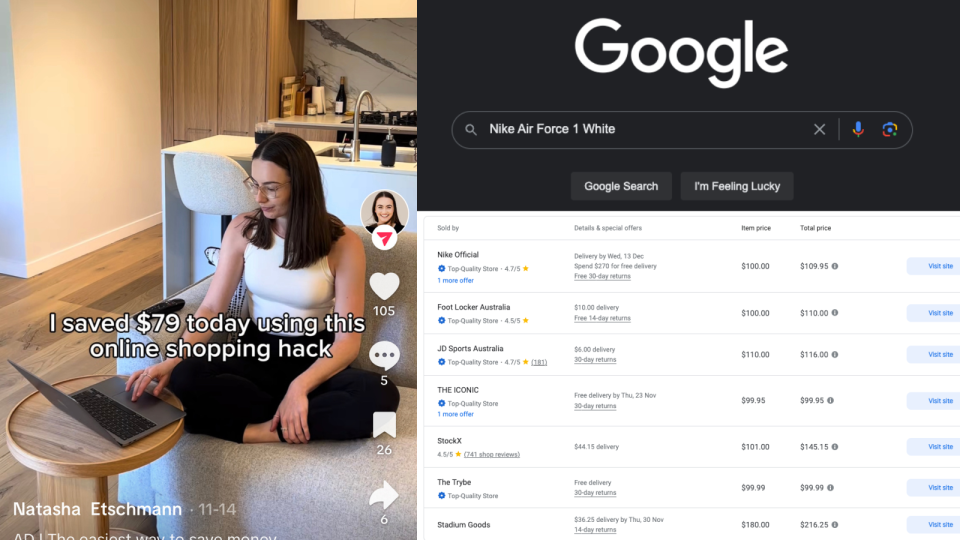 Compilation image of TikTok page google search page comparing Christmas shopping prices