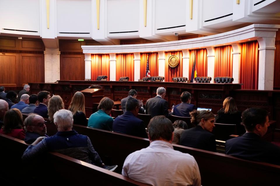 The Colorado Supreme Court chamber is shown on Dec. 6 in Denver. Oral arguments before the court were held after both sides appealed a ruling by a Denver district judge on whether to allow former President Donald Trump to be included on the state's general election ballot.