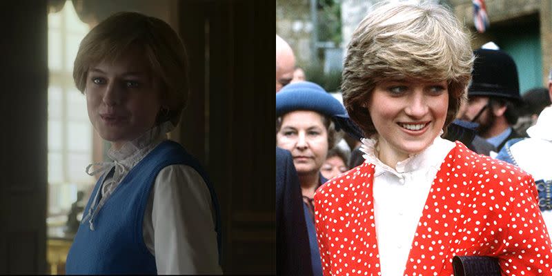 <p>Although this outfit isn't an exact replicate, the show clearly drew inspiration from a ruffled high collar shirt Princess Diana wore on a visit to Tetbury, England during her engagement. The Princess wore a very similar style throughout her first few years as a royal. <br></p>