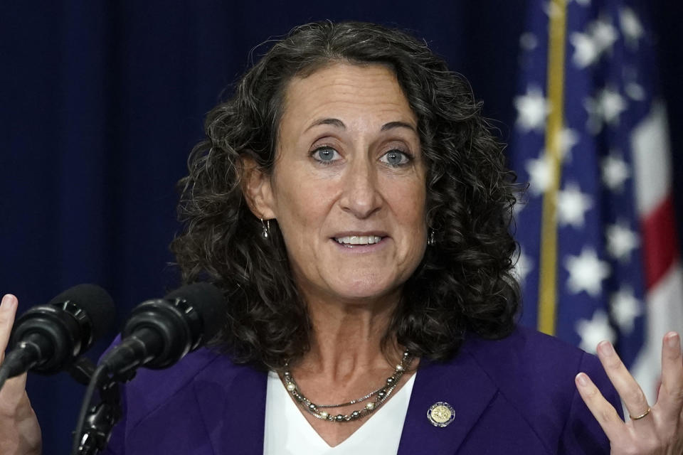 FILE - Pennsylvania Secretary of State Kathy Boockvar speaks during a news conference in Harrisburg, Pa., Nov. 5, 2020. Boockvar, Pennsylvania's former top voting official, in an interview hours after Fox News’ nearly $800 million settlement of a voting machine company's defamation lawsuit, recalled crying during her deposition in the Dominion-Fox case when she recounted the death threats she received after the 2020 election. She said those threats spiked after Fox aired segments amplifying false accusations of mass fraud. (AP Photo/Julio Cortez, File)